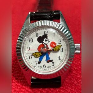 Vintage 1970s Mickey‎ Mouse Mechanical “Love” Watch, Black Rubber Strap